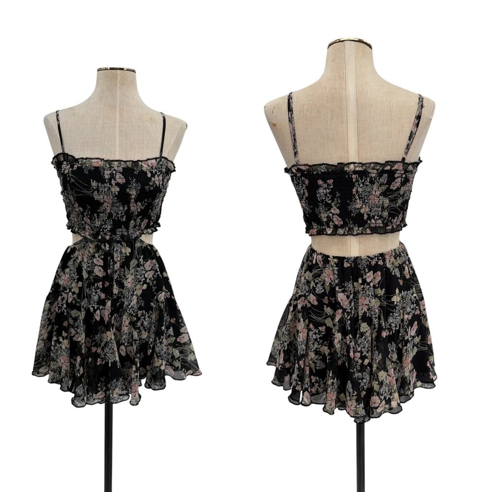 We're All Pretty Girls Black Floral Cutout Smocked Mini Dress Size Small
